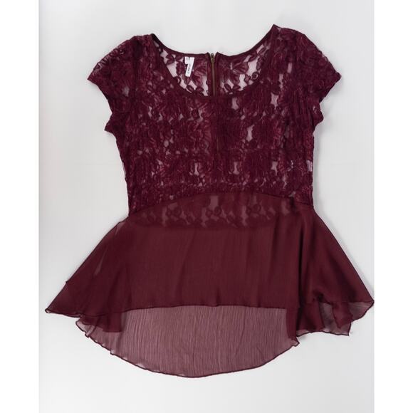 VTG Sheer Lace Blouse Cap Sleeve Maroon LARGE Ruffle Y2K Coquette Fairy - Picture 5 of 8